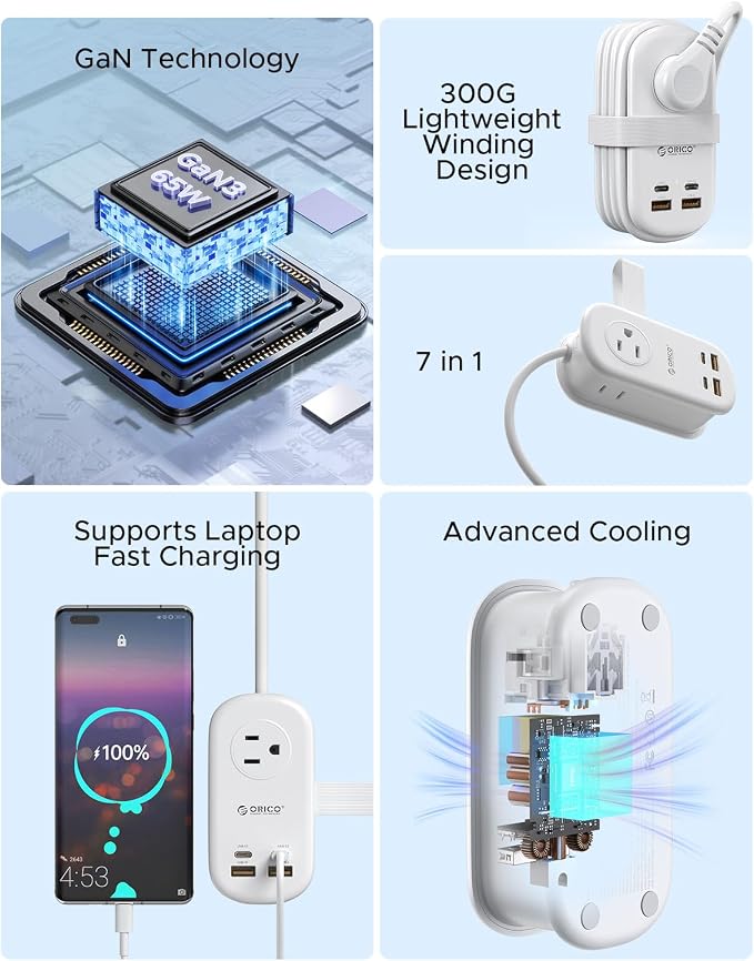 ORICO Travel Power Strip, 65W GaN Charging Station with 3 Outlets & 4 USB Ports (2 USB C), 4FT Flat Plug Extension Cord with Wraparound Design, Compact USB C Charger for Cruise Home Office Dorm Laptop