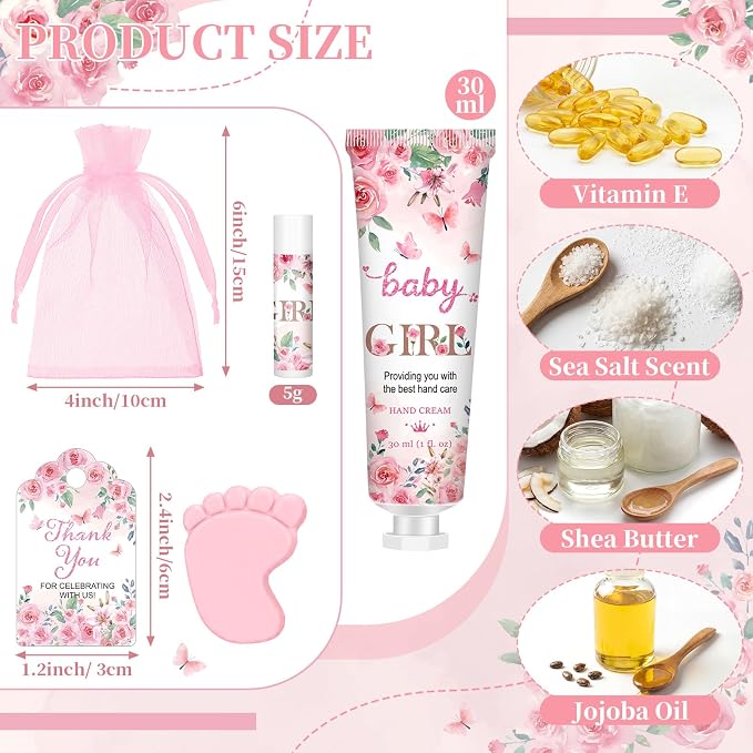 Loopeer 30 Set/150 Pcs Pink Flowers Baby Shower Favors for Guests Gifts Hand Cream Lip Balm Soap Party Favors Travel Size with Bags, Thanks You Card for Games Prizes Souvenirs