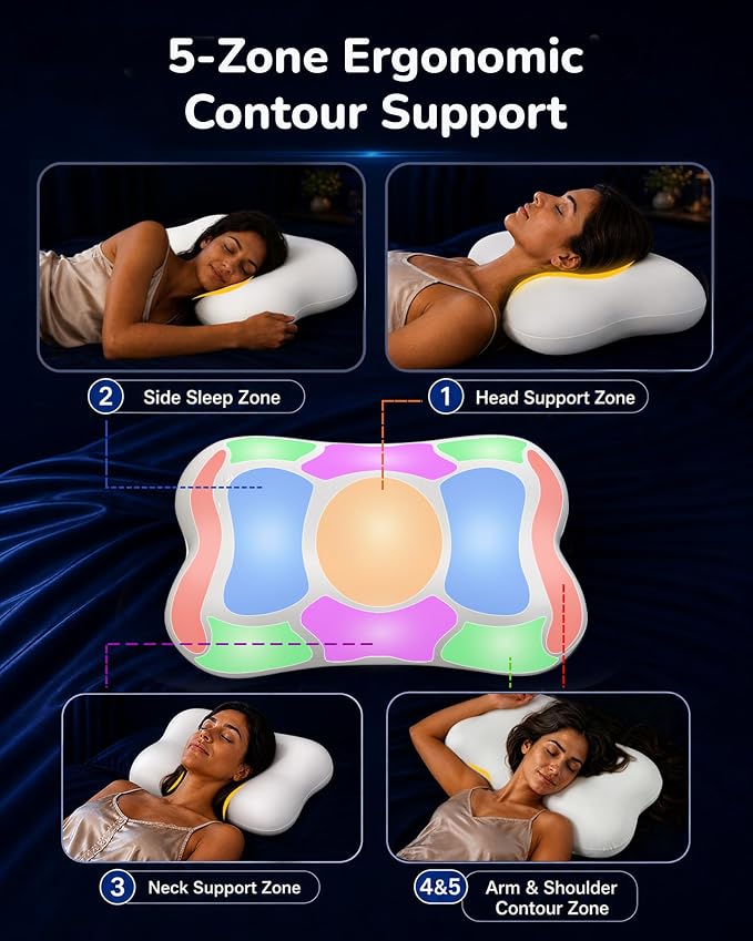 Cervical Pillow for Neck Pain Relief, Ergonomic Contour Memory Foam Pillow for Side Back Stomach Sleepers, Deep Sleep Pillow for Cloud-Soft Shoulder Support with Cooling Pillowcase, White