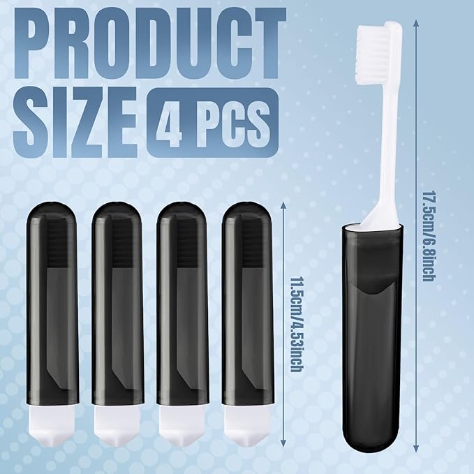 Patelai 4 Pieces Travel Toothbrush Set, Travel Size Toiletries, Soft Bristle Mini Foldable Tooth Brush with Case, Individually Wrapped Small Portable Toothbrush for Camping Home (Black)
