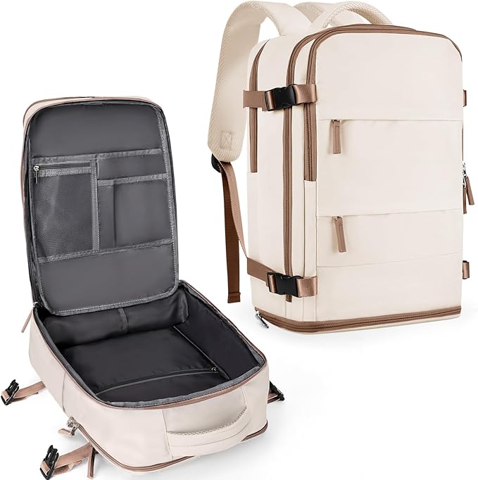 coowoz Large Travel Backpack For Women Men,Carry On Backpack Flight Approved,Hiking Outdoor Rucksack Casual Daypack Travel Bag Essentials Personal Item Backpack (Beige Brown-L)