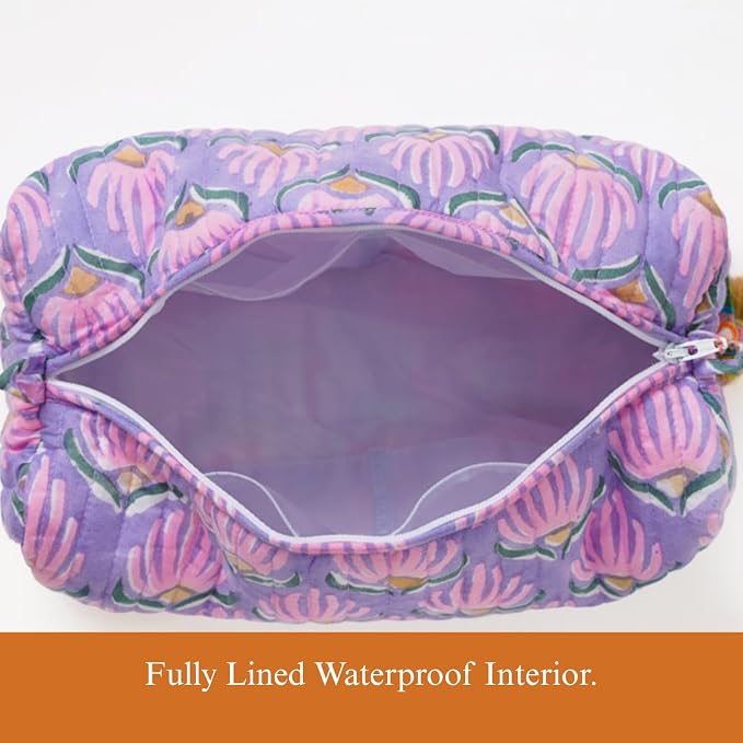 Saffron Marigold Quilted Makeup Bag Set of 3, Hand Block Printed Cotton Cosmetic Bags for Women, Waterproof Lined Travel Toiletry Bag, Coquette Floral Aesthetic, Handmade Gift, Lilac Flame