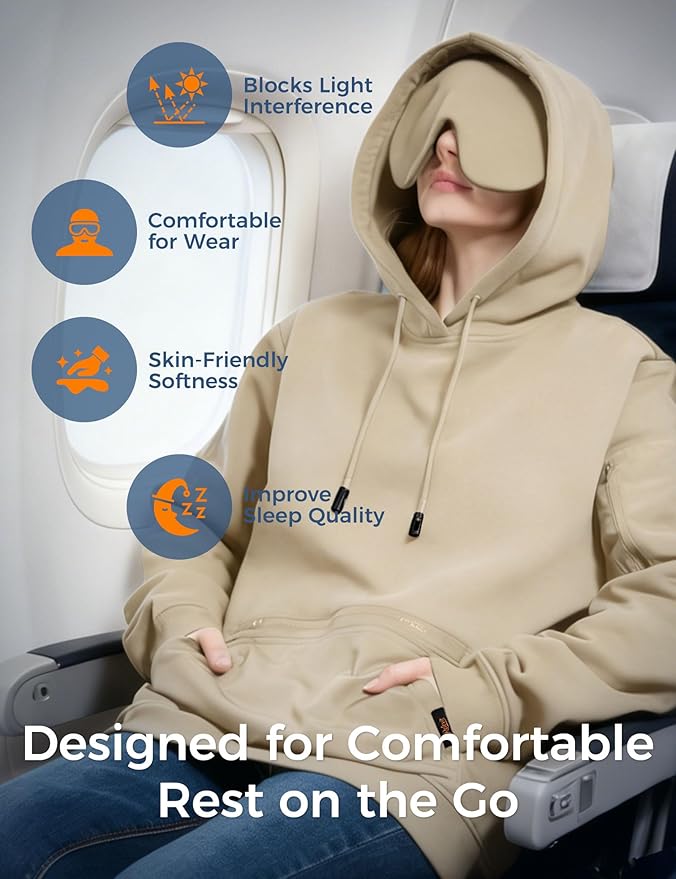 Travel Hoodie with Built-In Eye Mask for Airplane Travel Breathable Comfort Pullover Sweatshirt Multiple Pockets
