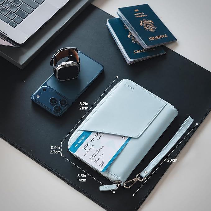 VULKIT Family Passport Holder for 4 Passports - RFID Blocking Travel Wallet Holds Up to 5, Organizer with 4 Slots for Cards & SIM, Secure Zipper Closure, Family Travel Essentials (Light Blue)
