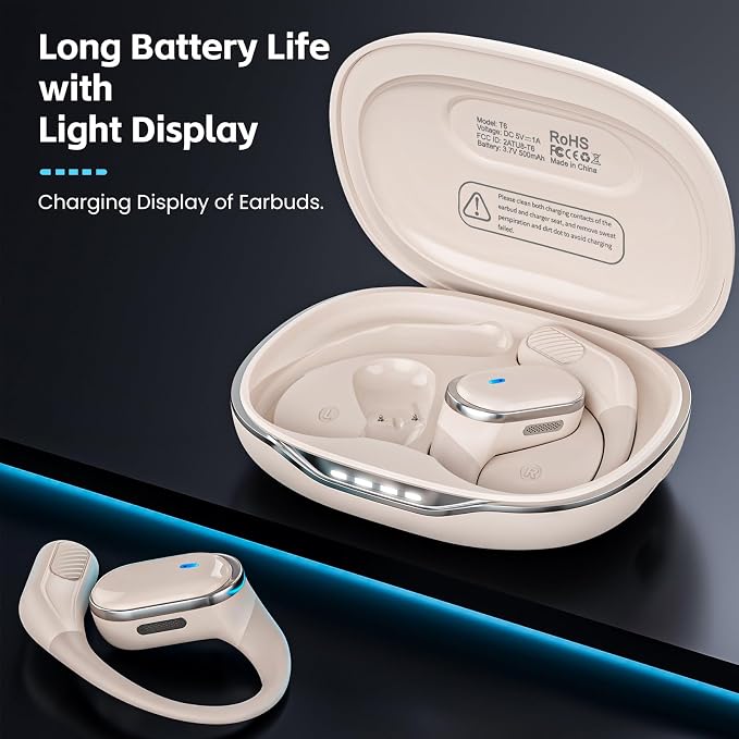 TRAUSI Open Ear Wireless Earbuds Bluetooth Headphones, 80H Playtime Stereo Ear Buds with ENC Noise Cancelling, Fast Charging, IPX7 Waterproof Sports Earphones with Earhook for Running/Workouts White