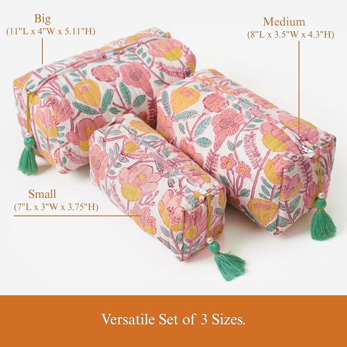 Saffron Marigold Quilted Makeup Bag Set of 3, Hand Block Printed Cotton Cosmetic Bags for Women, Waterproof Lined Travel Toiletry Bag, Coquette Floral Aesthetic, Handmade Gift, Sunspell Garden