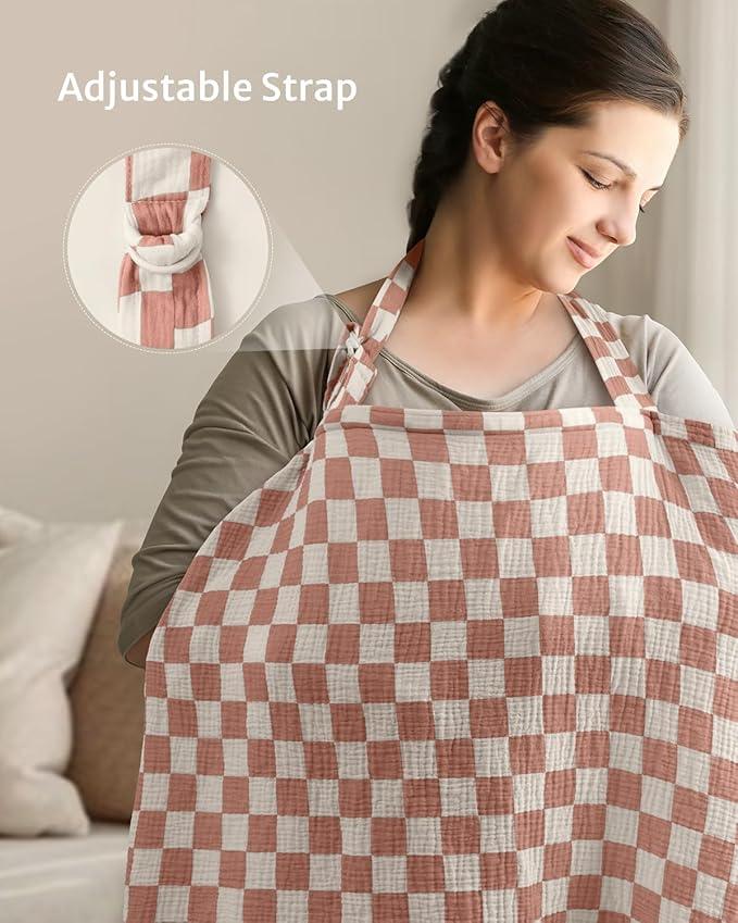 Blissful Diary Muslin Nursing Cover for Breastfeeding, Breathable Breastfeeding Cover up with Arch Neckline for Women, Nursing Apron (Brown Checkboard)