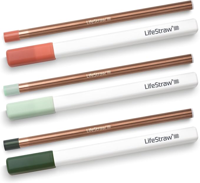 LifeStraw Sip — Reusable Stainless Steel Water Filter Drinking Straw with 3 Carry Cases, Removes Microplastics, Bacteria and Parasites for Travel and Everyday Use, 3-Pack, Copper