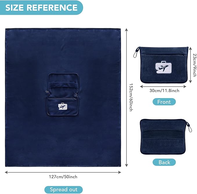 SINLAND Travel Pillow and Blanket 2-in-1 Set,Airplane Packable Bag,Soft and Lightweight Plane Flight Car Trips Travel Essentials Gift,Hand Luggage Sleeve and Backpack Clip,60x51 Inch NavyBlue