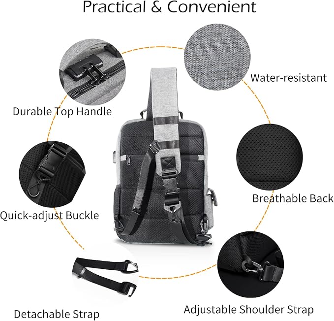 Leaper Anti-Theft Crossbody Sling Bag：one-handed quick-open lock in 3 seconds & hidden zippered pockets for Travel, Work & Daily Commute, Gray