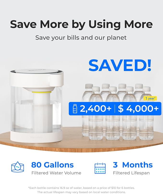 Waterdrop ED12W Glass Rechargeable Water Filter Dispenser, Large 22-Cup, Reduce 70+ Contaminants, Instant Eco-Friendly Countertop Water Filter System, 5-Stage Soften Water Pitcher, with 1 Filter
