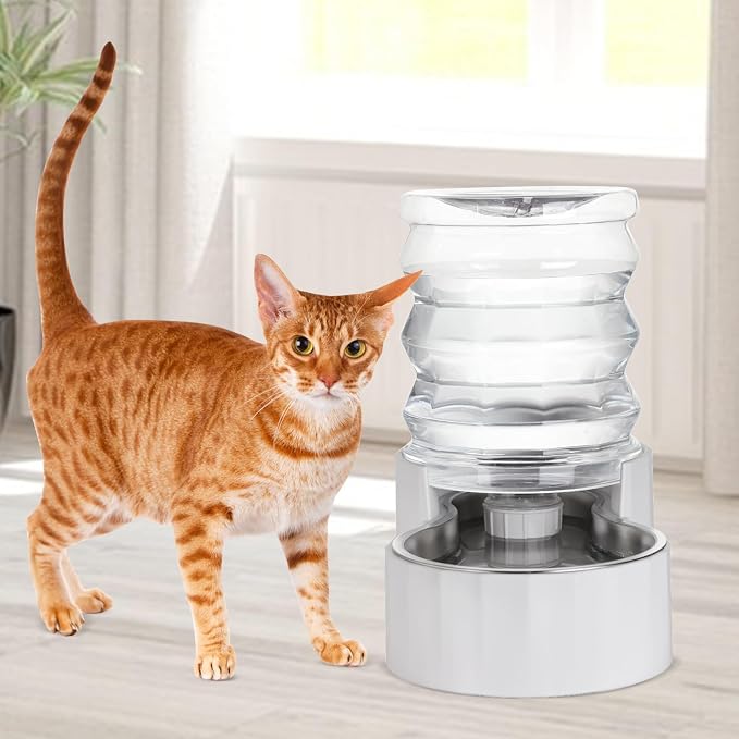 RIZZARI 4L White Pet Water Dispenser with Stainless Steel Bowl | Filter-Free Design,Automatic Gravity Water Supply,Spill-Resistant Base,Easy Water Refill,Durable PP Construction
