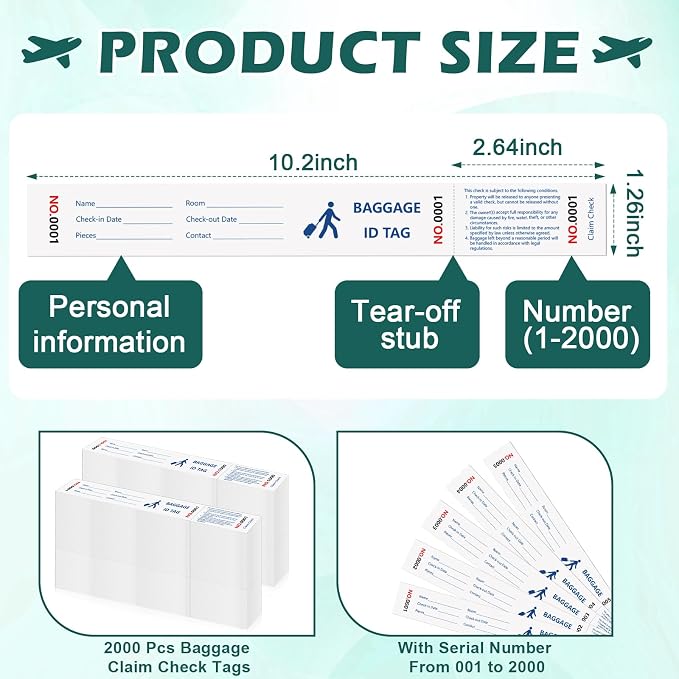 2000 Pcs Paper Hotel Luggage Tags with Transfer Tape On Back Luggage Tags Bulk Blue Baggage Claim Check Tags Serial Numbering Claim Ticket Baggage Identification for Suitcase Motel Bag Storage