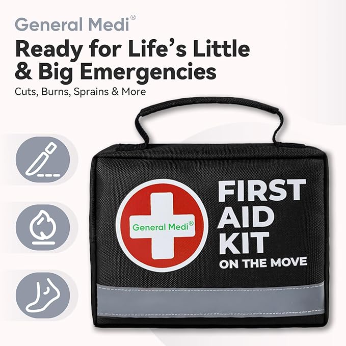 General Medi First Aid Kit - 150 Pieces Small Compact First Aid Kit Bag - Includes Instant Cold Pack, Emergency Blanket for Travel, Home, Office, Vehicle, Camping