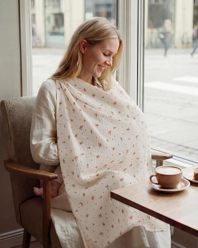 Blissful Diary Muslin Multi-Use Cloth - 4-in-1 Privacy Nursing Cover, Swaddle Blanket, Car Seat Cover, Burp Cloth, Portable Breastfeeding Essentials for Women, Baby Must Have (Pink Floral)