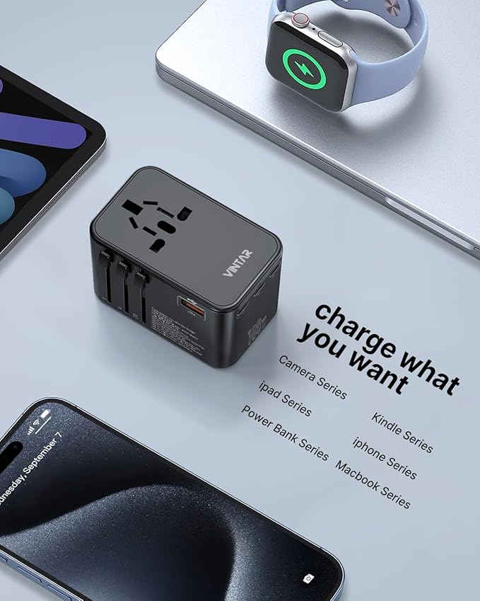 Universal Travel Adapter, VINTAR 100W GaN International Power Adapter with 3 USB-C PD Fast Charging and 1 USB-A QC, All-in-one Outlet Converter Charger for Europe UK USA AUS(Type C/G/A/I)