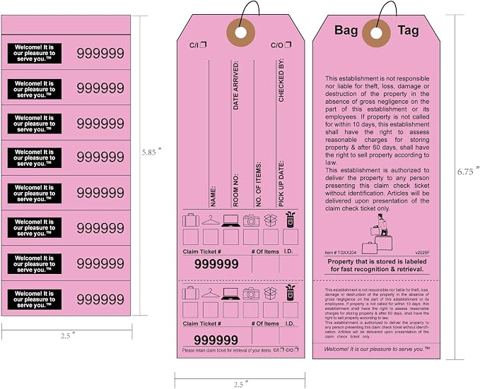 Pink Bag Claim Check Tags with Elastic string, Printed in Black ink with 8 labels & Matching Numbers For multiple bags. Hotel Bag Tags for Organizing Luggage. Size: 6 3/4" (H) x 2 1/2" (W). 1000 Tags.