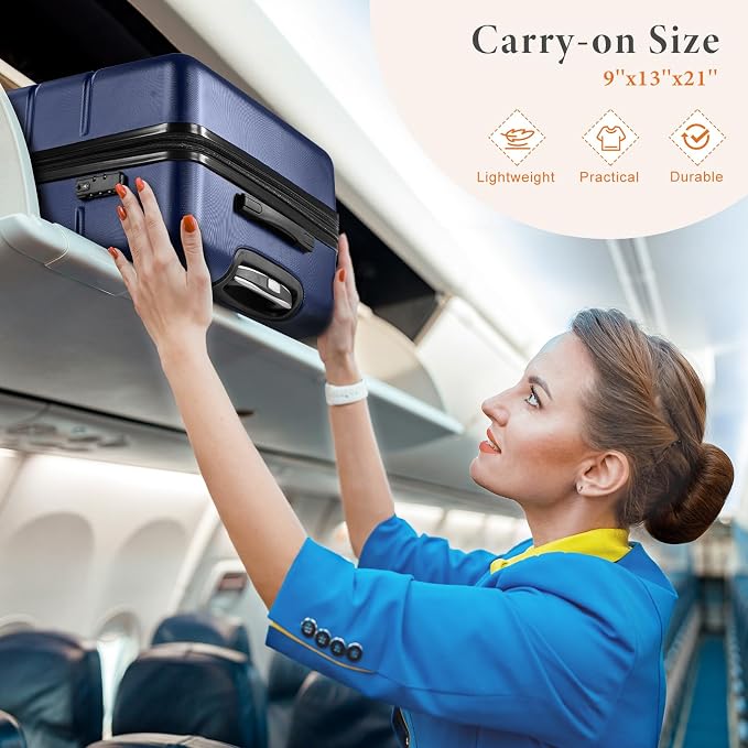 Sweetcrispy Carry on Luggage, Hard Shell ABS Suitcase with Double Spinner Wheels, Lightweight Expandable Rolling Suit Case with TSA Lock, 20 Inch Navy Blue