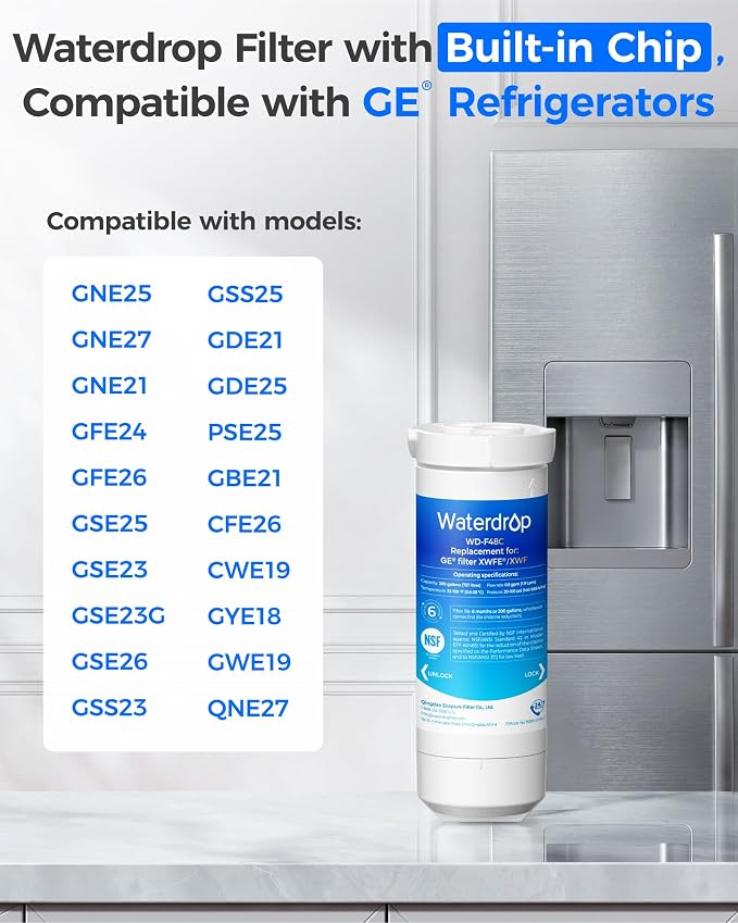 Waterdrop XWFE Refrigerator Water Filter, Built-in Chip, Replacement for GE® XWFE, XWF, Compatible with GNE27, GFE26, GDE25, GSS25 and PSE25 Series, NSF 42 & 372 Certified
