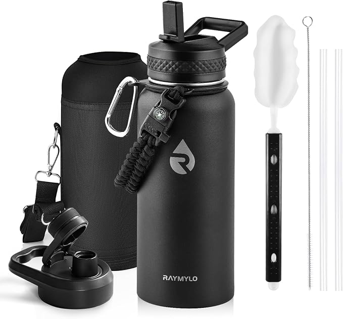 RAYMYLO Insulated Water Bottle 32 oz, Triple Wall Vacuum Stainless Steel (Cold for 24Hrs, Hot for 12Hrs), Leak Proof & Non-BPA, Modern Water Flask Jug with Paracord Handle & Straw Spout Lids