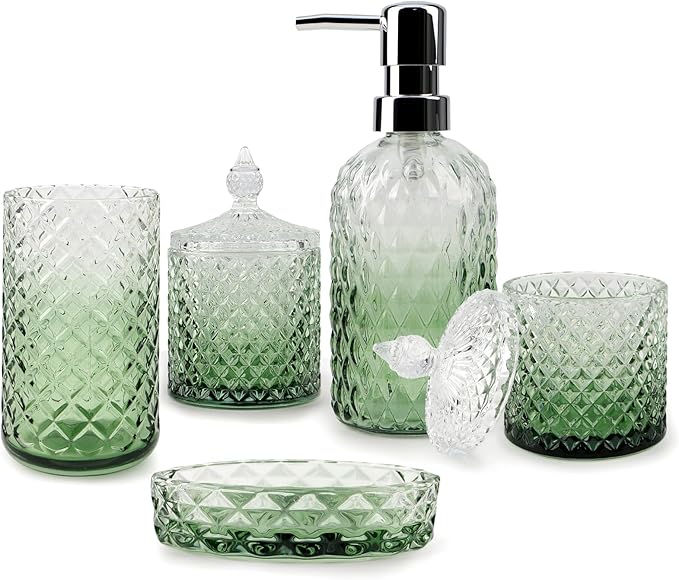 5Pcs Glass Bathroom Accessories Set,Green Vintage Bathroom Accessory Set, Bathroom Counter Sink Toothbrush Holder Set Includes 13.5oz Hand/Lotion Soap Dispenser & Tumbler & Soap Dish & Qtip Holders
