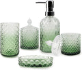 5Pcs Glass Bathroom Accessories Set,Green Vintage Bathroom Accessory Set, Bathroom Counter Sink Toothbrush Holder Set Includes 13.5oz Hand/Lotion Soap Dispenser & Tumbler & Soap Dish & Qtip Holders