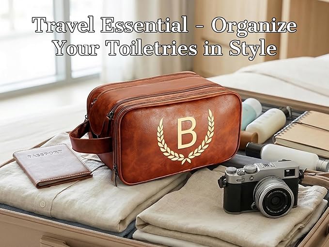 OXYEFEI Personalized Gifts for Men, Personalized Large Toiletry Bag for Men,Custom PU Leather Waterproof Mens Toiletry Travel with Initial Essential Dopp Kit Shaving Bag (B, Light Brown)