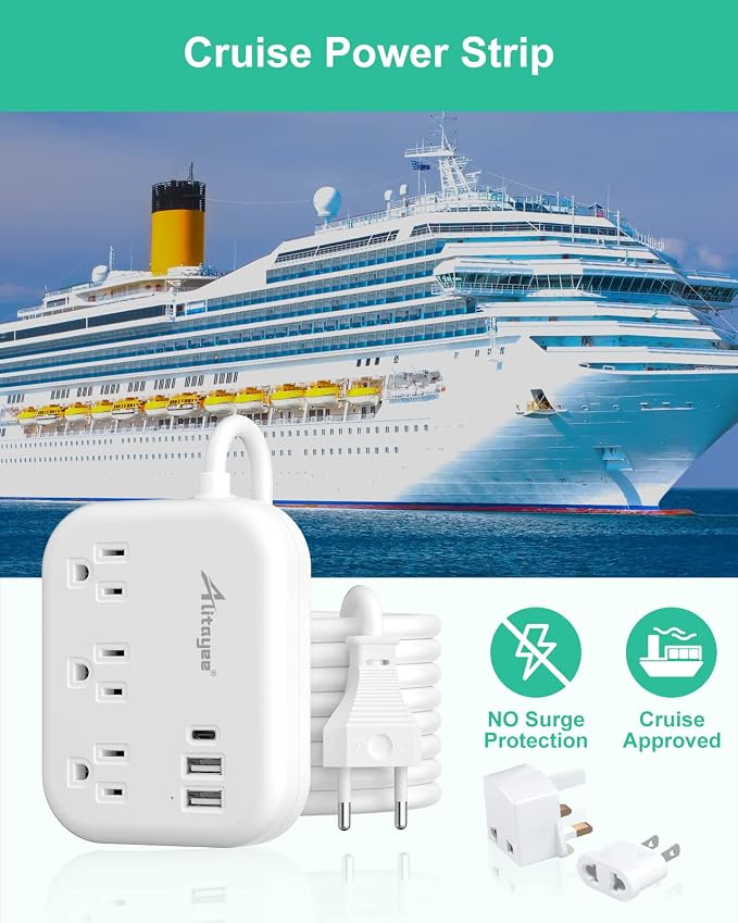 European Travel Plug Adapter, Alitayee EU/UK/US Travel Power Strip with 3 Outlets 3 USB Ports, International Universal Plug Adapter with 3ft Extension Cord to EU UK Italy Spain France Germany Cruise