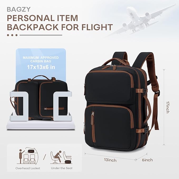 43x33x15cm Personal Item Bag Expandable 30L Travel Backpack 17x13x6 Inches Underseat Bag for Airlines Lightweight Carry on Luggage Water Resistant Flight Approved for College, Weekender Black
