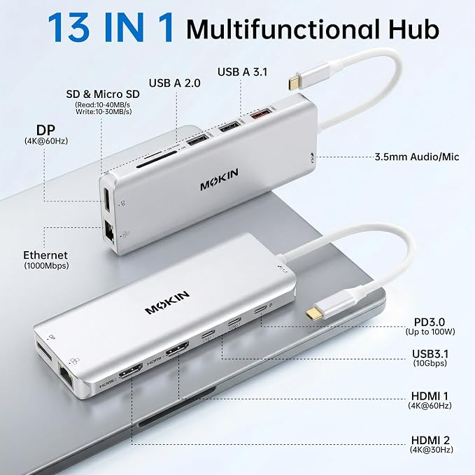 USB C Laptop Docking Station Dual Monitor Dual HDMI 4K DP Triple Display Hub, 13 in 1 MOKiN USB C Hub with 3 Monitors, DisplayPort, USB 3.1, RJ45, 100W PD, Card Reader, Audio/Mic, for Dell HP, Sliver