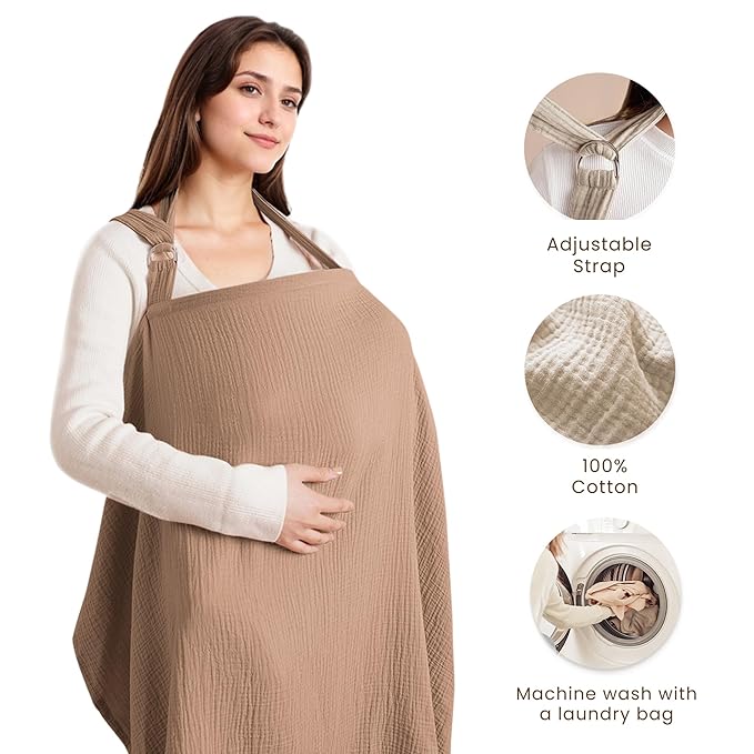 Konssy Muslin Nursing Cover for Baby Breastfeeding, Breathable 100% Cotton Breastfeeding Cover with Rigid Hoop for Mother Nursing Apron, Multi-use Carseat Canopy (Brown)