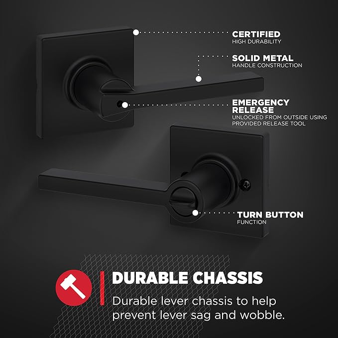 Kwikset Casey Hallway Passage and Bed/Bath Privacy Door Handle 4 Pack, 2 Passage Levers and 2 Privacy Levers, Matte Black Reversible Interior Handles, with Microban