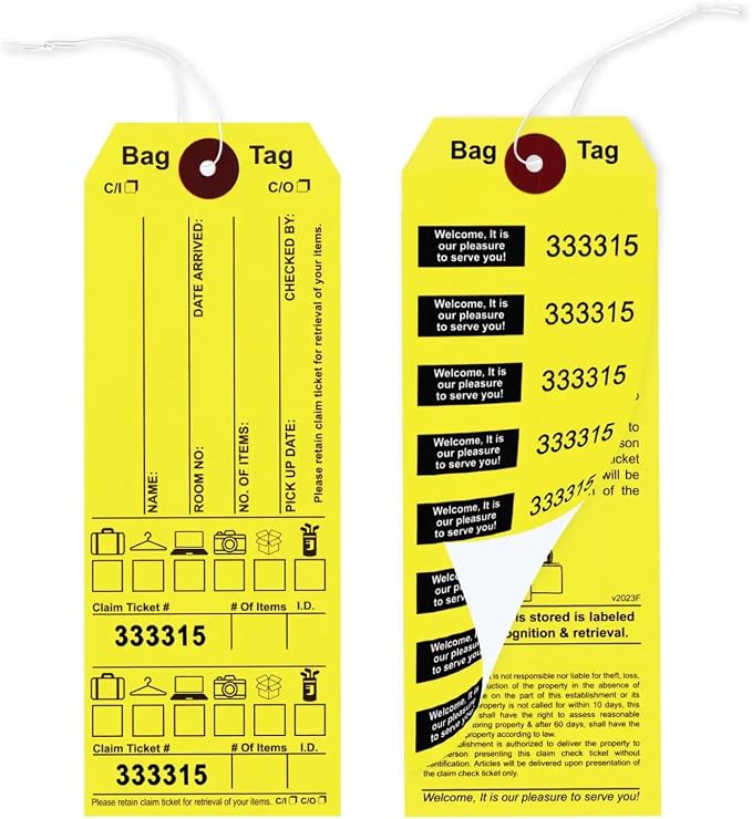 Luggage Claim Tags with String Attached, Consecutively Numbered, with Luggage Images, Bag Stickers, Claim Ticket - Bag Tags for Hotel and Motel Bag Storage. Size: 6 3/4" (H) x 2 1/2" (W). 1000 Tags.