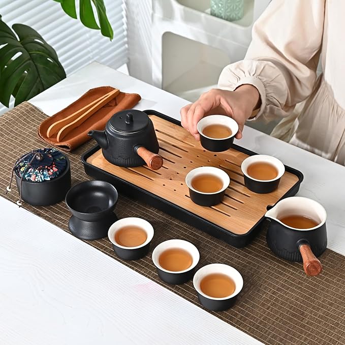 Japanese Tea Set Traditional, Chinese Gongfu Tea Set for Adults, Kung Fu Teaset for Women Side Handle Teapot (Ceba 6cups)