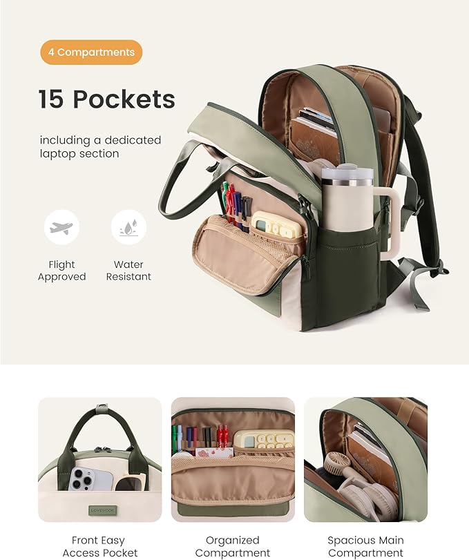 LOVEVOOK Laptop Backpack for Women - Stylish Work Backpack with Large Cup Holder, Waterproof College Teacher Backpack, Green, 18Inch