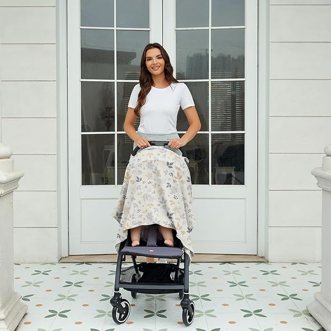 Muslin Nursing Cover for Baby Breastfeeding, Breathable 100% Cotton Breastfeeding Cover with Rigid Hoop for Mother Nursing Apron (Leaf Collection)