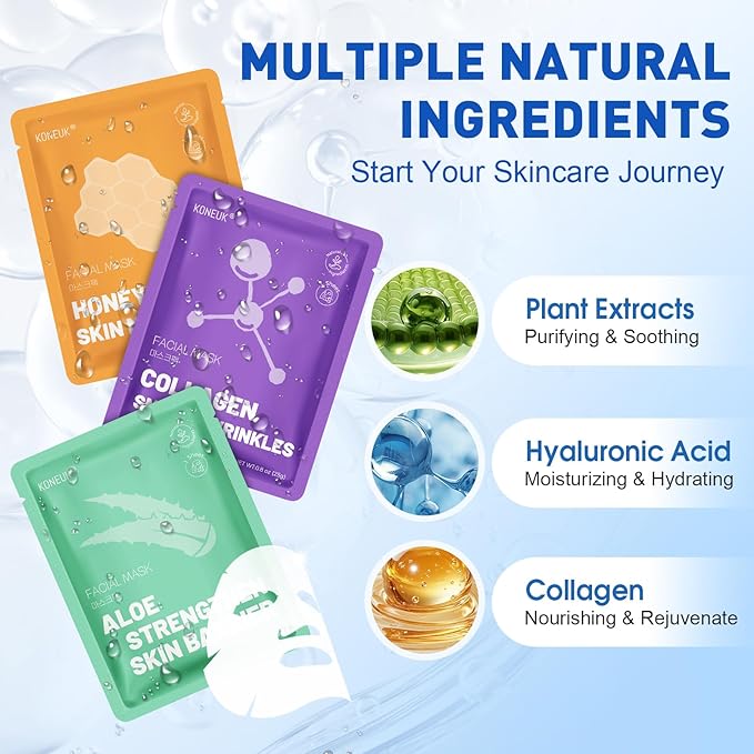 KONEUK 72 Pack Collagen Face Masks Skincare Set for Women, Hydrating & Moisturizing Face Mask for Skin Care, Bulk Sheet Face Masks for All Skin Types, Spa Party Gifts for Women