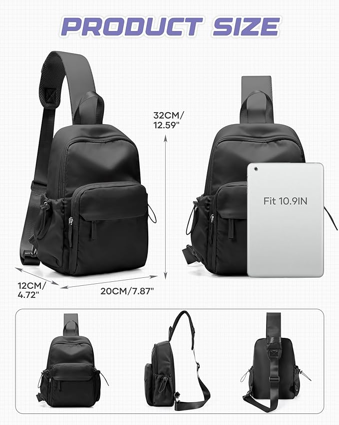 Small Black Sling Crossbody Bag for Men Women, Tactical Backpack Shoulder Daypack Mini Anti-Theft Cross Body Motorcycle Chest Bags, Small One Strap Fanny Back Pack for Casual Travel Hiking Sport Gym