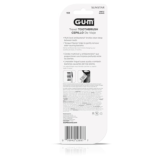 GUM Folding Travel Toothbrush, Compact Head + Tongue Cleaner, Soft Bristled Travel Toothbrushes for Adults, 2 Count