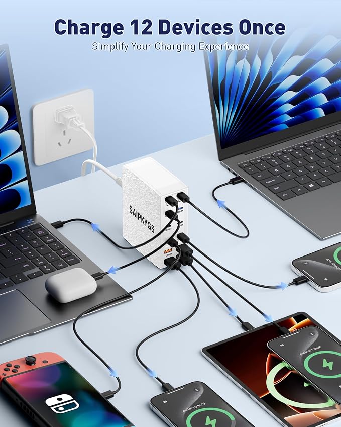 USB Charging Station (1000W),12-Port USB C Charger Block with Dual 100W PD USB-C Fast Charging Station Hub for MacBook Pro/Air/All iPad Phone 17/16 15/14/13/Pro Max/Samsung Galaxy Note(White)