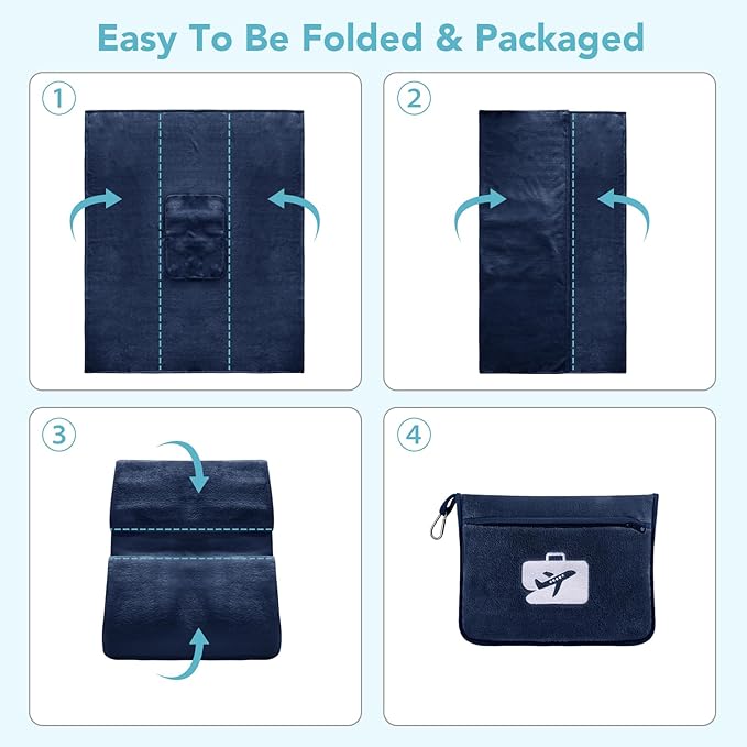 SINLAND Travel Pillow and Blanket 2-in-1 Set,Airplane Packable Bag,Soft and Lightweight Plane Flight Car Trips Travel Essentials Gift,Hand Luggage Sleeve and Backpack Clip,60x51 Inch NavyBlue