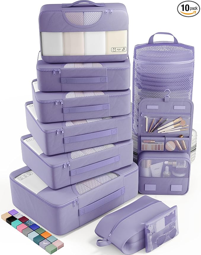 Veken 10 Set Packing Cubes for Travel Essentials, Suitcase Organizer Bags in 4 Sizes, Carry-On Luggage Accessories with Large Laundry Bag & Passport Holder, Must-Have for Airplane, Road Trip & Camping