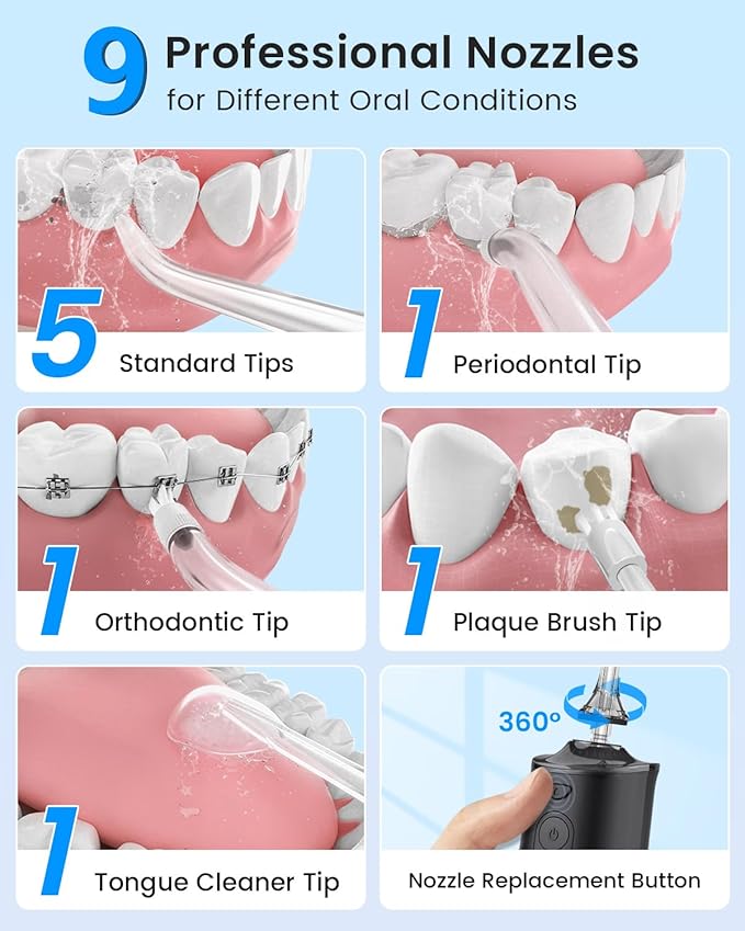 VIMMK Water Flosser, Cordless Water Dental Flosser, 9 Jet Tips 5 Modes 300ML IPX7 Waterproof, Portable Rechargeable Oral Irrigator for Home Travel - Gums, Orthodontic, Braces Care (Black)