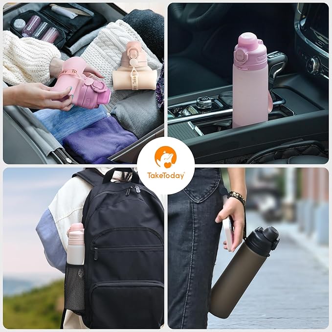 TakeToday Collapsible Water Bottles 20oz and 32oz, Leak Proof, BPA-Free, Foldable Silicone Travel Water Bottle with Straw Strap for Cycling, Hiking, Outdoors