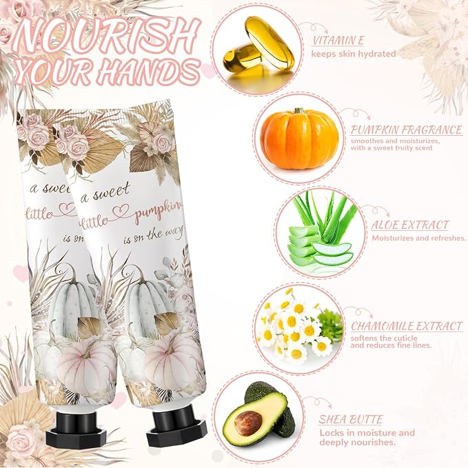 24 Sets Boho Fall Pumpkin Baby Shower Hand Cream and Lip Balm Gifts a Sweet Little Pumpkin Is on the Way Baby Shower Favors Travel Size Hand Lotion and Lip Balm with Organza Bags Tags for Guest