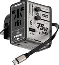 Mfish 75W Universal Travel Adapter with Retractable USB-C Cable, 3 USB-C & 1 USB-A, 1 AC Outlet, International Wall Charger for MacBook, iPhone, iPad, EU/UK/US/AUS, Type A/I/G/C, Grey