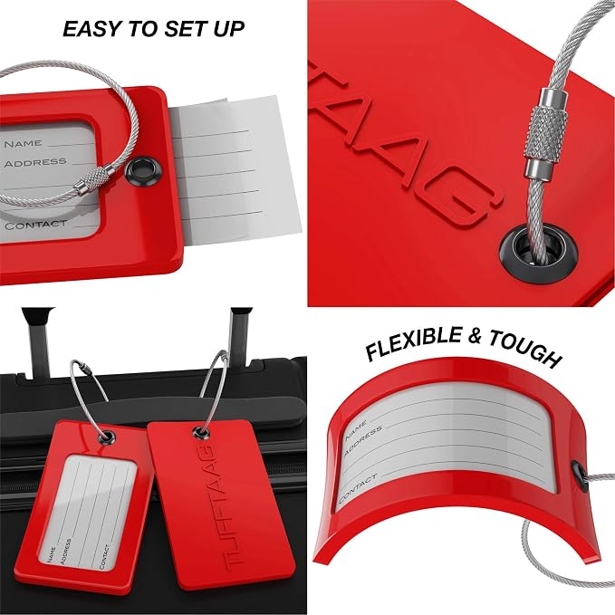 Luggage Tags Business Card Holder by TUFFTAAG - Flexible PVC Travel ID Bag Tag, Red, 2 Pack