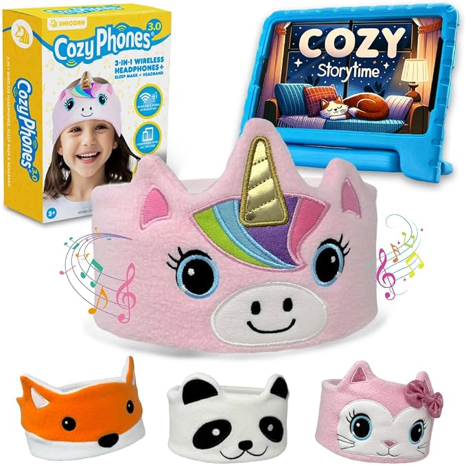 Toddler Headphones Wireless, Kids Bluetooth Earphones, Safe Volume - Wired School Headphones for Kids with 3.5 MM Jack and Travel Bag - Toddler Airplane Accessories for Boys & Girls - Pink Unicorn
