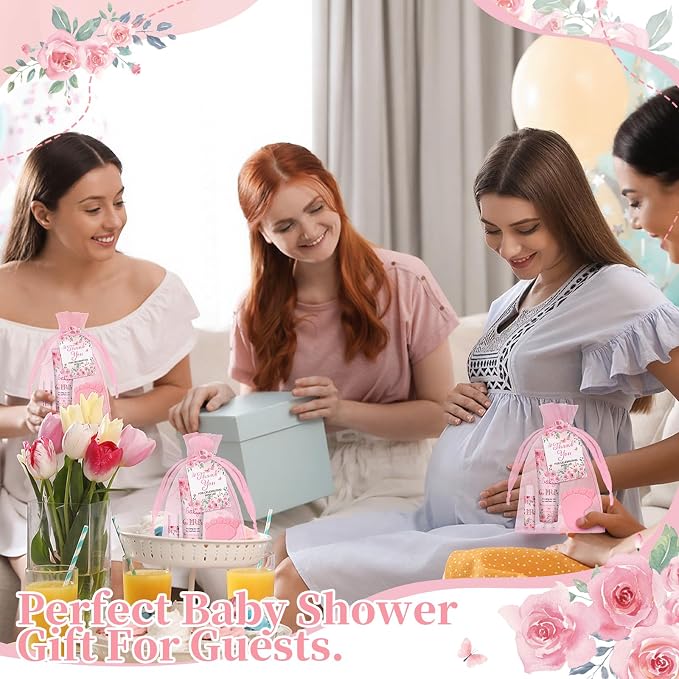 Loopeer 30 Set/150 Pcs Pink Flowers Baby Shower Favors for Guests Gifts Hand Cream Lip Balm Soap Party Favors Travel Size with Bags, Thanks You Card for Games Prizes Souvenirs