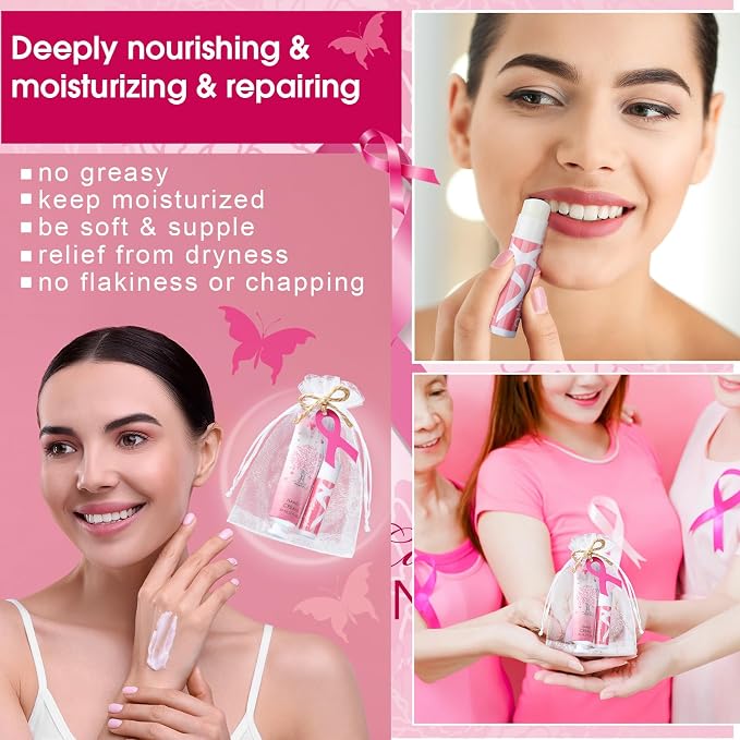 24sets/96pcs Breast Cancer Awareness Gifts Bulk Breast Cancer Lip Balm and Hand Cream Gift for Women Pink Ribbon Travel Size Hand Lotion and Lip Balm Bulk with Organza Bags Tags